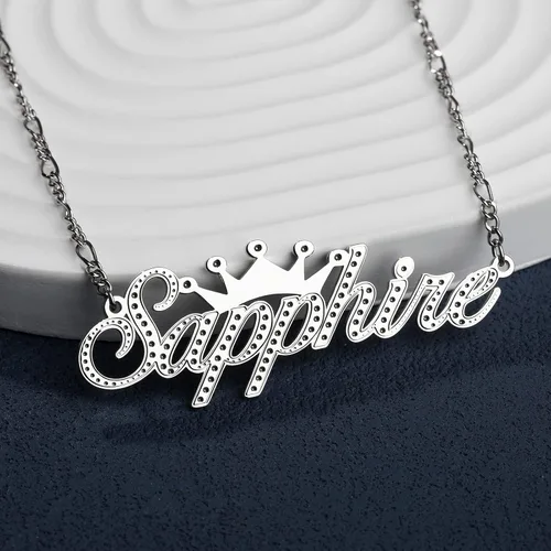Miniatura 4 de Drawelry Collar con nombre personalizado de dos tonos con placa de oro de 18 quilates, chapado en doble corazón, placa con dije de placa de nombre