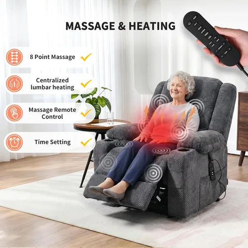 Miniatura 5 de EONIX Sillón reclinable Lay Flat Power Lift con calor y masaje, silla eléctrica de elevación de doble motor para ancianos para recuperación Gris