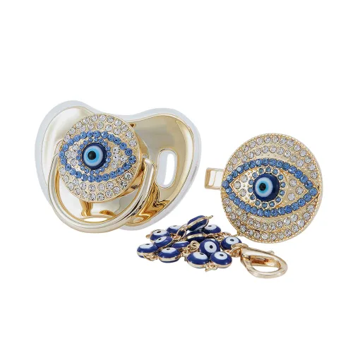 Juego de chupete y clip de ojo malvado de ojo dorado y plateado, sin BPA, seguro, diseño único, regalo ideal para baby show recién nacido