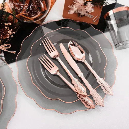 Miniatura 5 de BUCLA Platos de plástico negro transparente para 30 invitados con cubiertos y tazas de oro rosa, vajilla de plástico con borde de oro rosa ideal