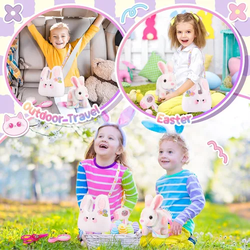 Miniatura 6 de NINAOR Juguetes de conejo de Pascua para niños con bolsas cruzadas, rellenos de cesta de Pascua, orejas interactivas, juguete de conejo, robot