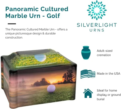 Urna de cremación panorámica de mármol cultivado de golf, tamaño adulto, urnas de cremación para cenizas humanas, entierro en tierra, conmemoración