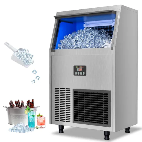 Coolake Máquina comercial para hacer hielo, 200 libras por 24 horas con almacenamiento de 55 libras, enfriada por aire, máquina de hielo de acero