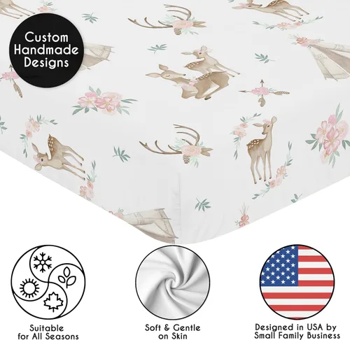 Miniatura 5 de Sweet Jojo Designs Sábanas ajustables para cuna (flores de ciervos del bosque) para niñas, guardería infantil, habitación de niños pequeños