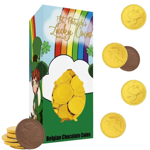 Miniatura 7 de The Dreidel Company Monedas de oro de chocolate con leche belga del día de San Patricio, sin nueces, lácteos certificados Kosher, caja de duende