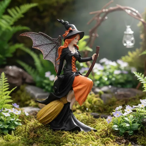 Miniatura 2 de Comfy Hour Figura gótica de bruja de hadas de 8 pulgadas en escoba, estatua de hechicera de fantasía con alas místicas, acento espeluznante