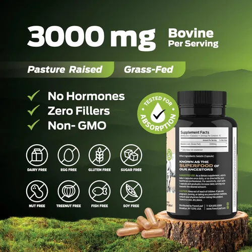 Miniatura 4 de ForestLeaf Cápsulas de hígado de carne alimentada con pasto, 3000 mg por porción, apoya la inmunidad y el bienestar corporal, limpieza, digestión