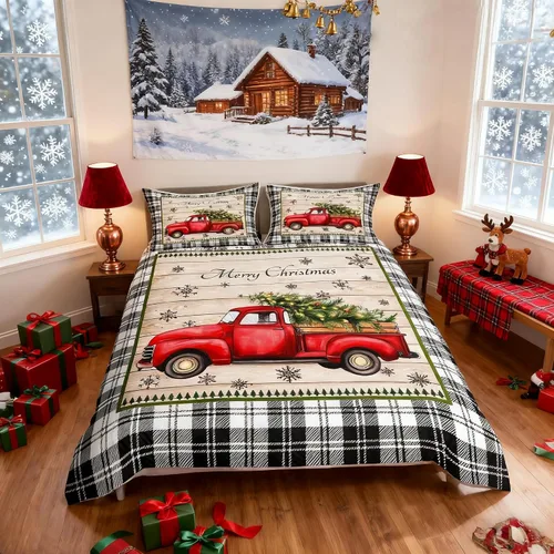 Miniatura 59 de Juego de funda de edredón para niños con diseño de Navidad, tamaño individual, camiones rojos y árboles de pino con copos de nieve, decoración