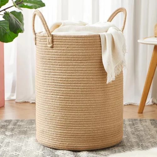 Miniatura 12 de 15Dx20H pulgadas Cesta de lavandería grande rosa para niños, cesta de lavandería de cuerda tejida para guardería, para habitación de niñas, Rosa1
