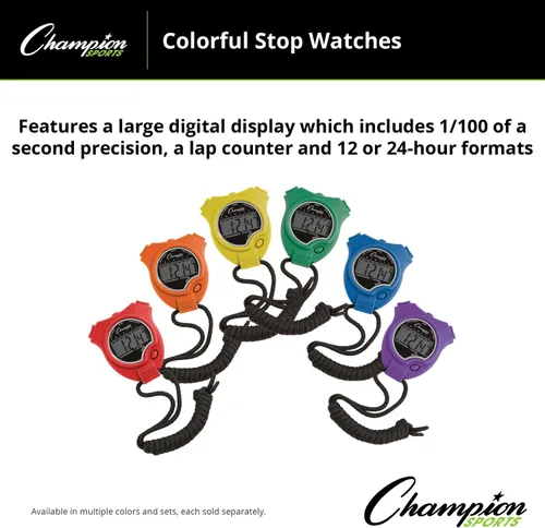 Miniatura 5 de Champion Sports Juego de cronómetro: resistente al agua, reloj digital de mano, cronómetros deportivos con pantalla grande para niños o neón variado