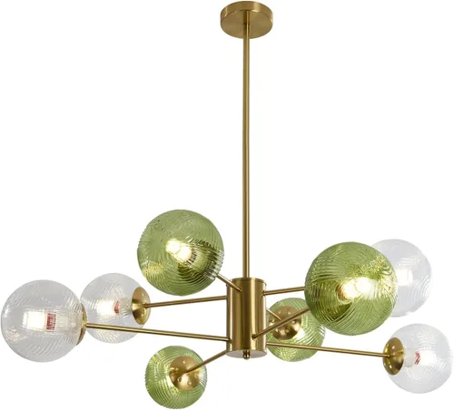 Miniatura 11 de BOKT Lámpara Colgante de Bola de Vidrio Verde Moderna de Mediados de Siglo Dorada de 6 Luces Globo Sputnik Candelabro Accesorio de Iluminación