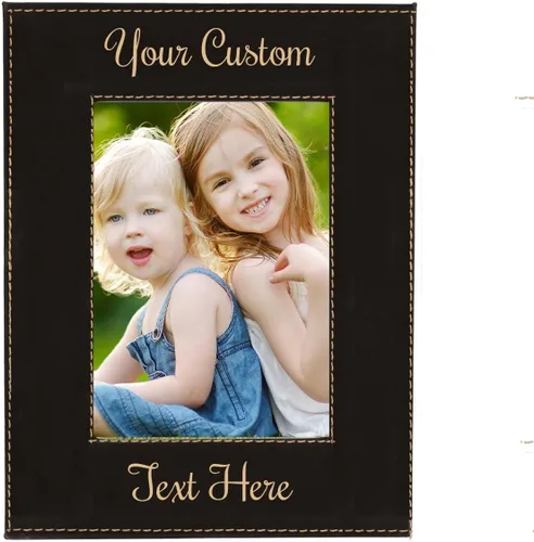 Miniatura 14 de Marco de fotos de piel sintética de cuero sintético grabado para añadir tu texto personalizado para colgar o en la mesa, marco de fotos familiares