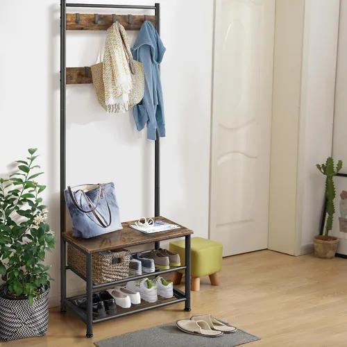 Miniatura 2 de Yaheetech Árbol de pasillo de metal con banco de almacenamiento de zapatos, perchero de entrada con 2 estantes para zapatos y 9 ganchos móviles