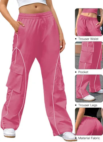 Miniatura 5 de Allytok Pantalones de paracaídas para mujer, pantalones cargo holgados Y2K con bolsillos, pantalones modernos de pierna ancha