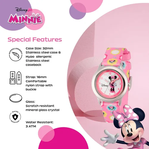 Miniatura 4 de Disney Minnie Mouse Watch for Girls – Cute Minnie Watch for Kids 3-5 with Stainless Steel Bezel & Pink Leather Strap – Adorable Mouse Watches