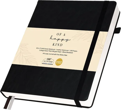 Miniatura 14 de Cuaderno clásico con líneas de 8.5x11" A4 tapa dura de cuero - Negro - 200 páginas con rayas universitarias grande con pestañas adhesivas, bolsillos