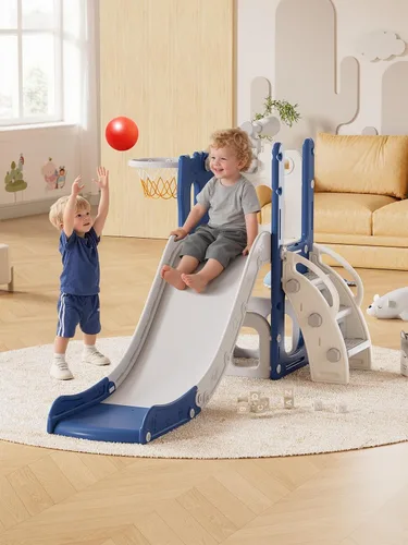 Miniatura 14 de Juego de Tobogán para Niños con Aro de Baloncesto y Telescopio, Tobogán Interior y Exterior para Niños Pequeños y Escalador para Niños y Niñas, Gris