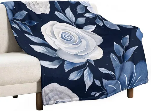 Miniatura 41 de Manta de flores de acuarela azul marino, bohemias, manta de acuarela floral con coronas de rosas y hojas de peonías, lujosa, cálida y acogedora