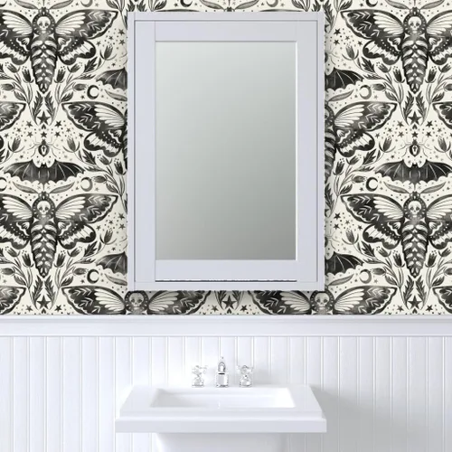 Miniatura 9 de Muestro de papel tapiz extraíble – Acuarela Cráneo Polilla Damasco Negro Blanco Flor Estrellas Elegante Tinta Magia Papel pintado personalizado