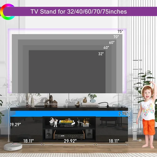 Miniatura 2 de Hlivelood Soporte de TV LED para TV de 75 pulgadas, moderno soporte de TV con toma de corriente, consola de TV de alto brillo con almacenamiento