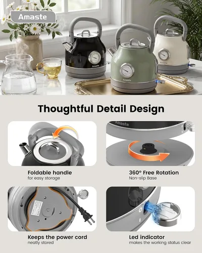 Miniatura 7 de Amaste Hervidor Eléctrico, Hervidor Eléctrico Retro de Té con Termómetro, Hervidor de Agua Caliente de 57 Oz para Café y Té, Acero Inoxidable 304