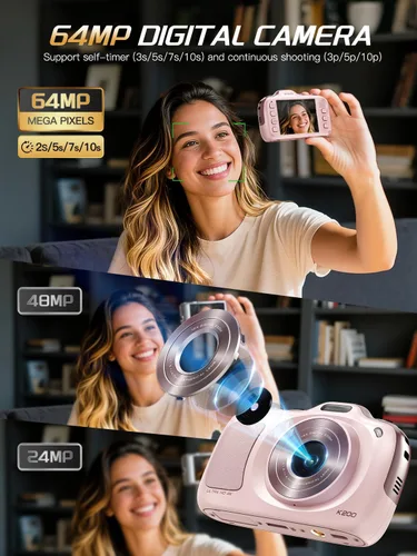Miniatura 2 de Cámara digital True 4K con modo belleza, cámara de vlogging de 64 MP para principiantes, zoom 16X, antivibración y enfoque automático, tarjeta de 32
