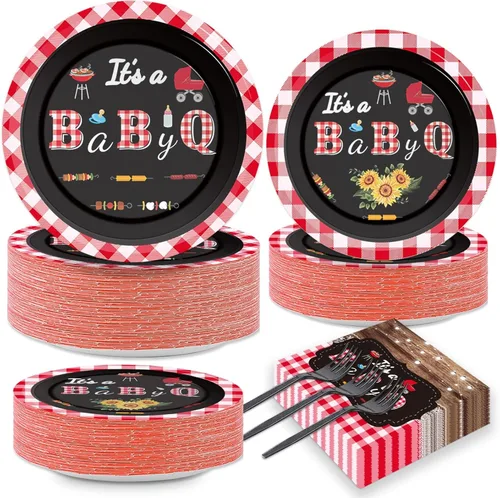 200 piezas Platos de Baby Shower BBQ Servilletas Baby Q Juego de Vajilla de Papel It's A BabyQ Pastel Postre Vajilla Desechable Rústica Decoración
