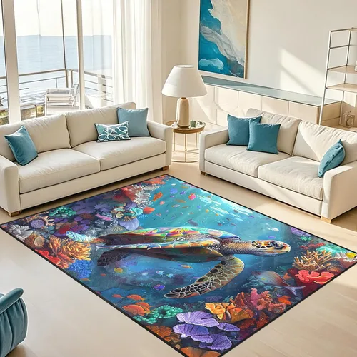 Miniatura 28 de Alfombra de tortuga marina con estampado de animales marinos y animales marinos, alfombra con estampado de tortugas marinas, para niños y niñas
