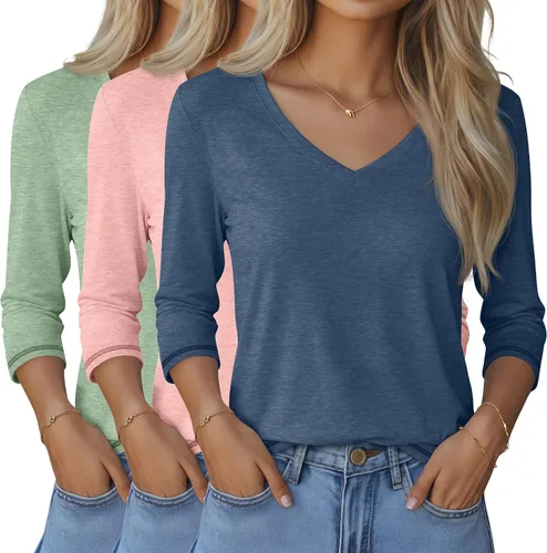 Miniatura 41 de Ficerd Paquete de 3 camisetas de manga 3/4 para mujer, cuello en V, blusas holgadas, blusas casuales, ropa de moda 2026