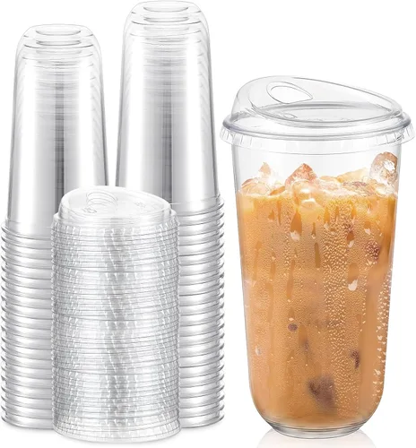 Miniatura 16 de Baderke 100 Vasos de Plástico con Tapas para Sorber Fondo Redondo Vasos de Café de Plástico Desechables con Tapas Tazas de Cristal Transparentes sin