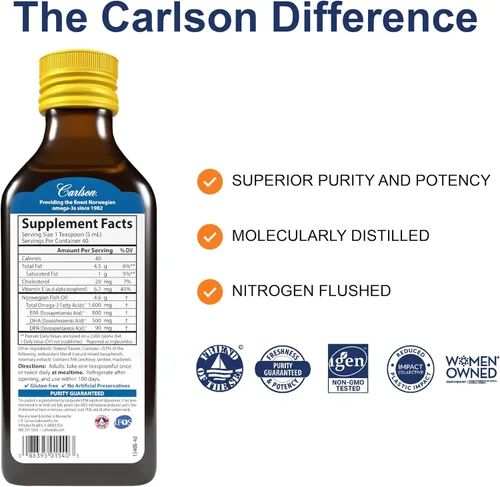 Miniatura 2 de Carlson - El Mejor de Todos los Aceites de Pescado, 1600 mg de Omega-3, Suplemento de Aceite de Pescado Líquido, Aceite de Pescado Noruego, Captura