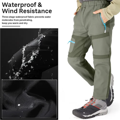 Miniatura 4 de linlon Pantalones impermeables para la nieve para niños y niños, forro polar lind para senderismo, softshell, cálidos, con aislamiento térmico