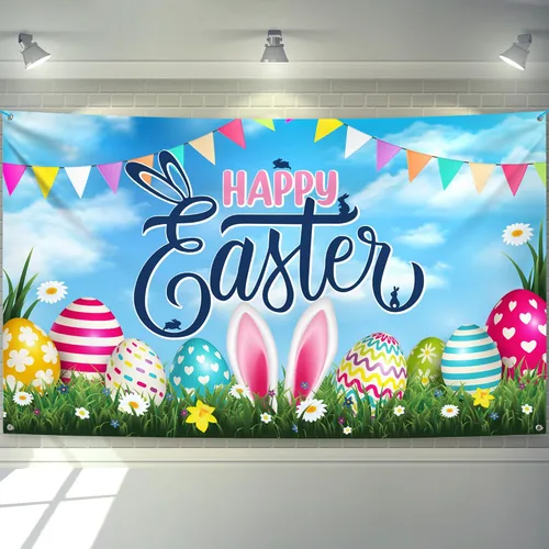 KatchOn, Cartel grande de Pascua feliz – 72 x 44 pulgadas | Huevos de Pascua coloridos y decoraciones de conejo | Fondo de decoración de Pascua para