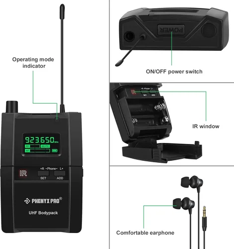 Miniatura 2 de Phenyx Pro PTM-10 Sistema de monitor en el oído, inalámbrico, estéreo, receptor de bodypack, rendimiento con 89 frecuencias ajustables
