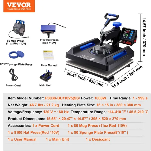 Miniatura 7 de VEVOR - Prensa de calor 5 en 1, máquina de prensa de calor de 15 x 15 pulgadas con prensa para tarros, prensa para sombreros, control digital