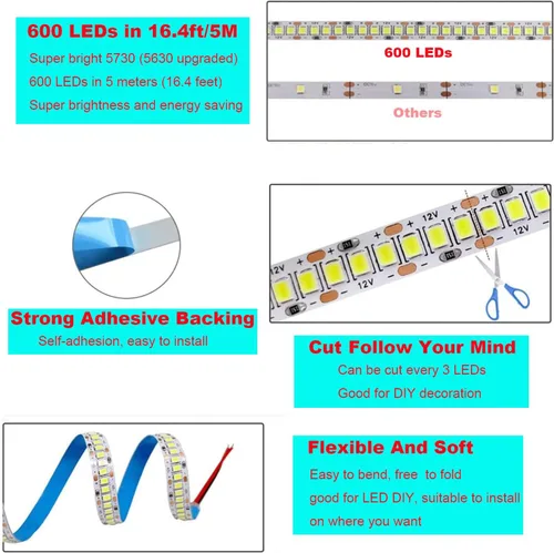 Miniatura 7 de Tira de luces LED, DC12V 5m/16.4ft regulable SMD 5730 (5630 actualizado) Super brillante 600LEDs 28000LM tira de luces LED no impermeable, 2 veces