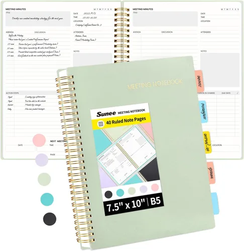 Miniatura 18 de SUNEE Cuaderno de reuniones para el trabajo con pestañas adhesivas, 160 páginas, planificador de proyectos de tamaño A4, agenda de reuniones en Negro