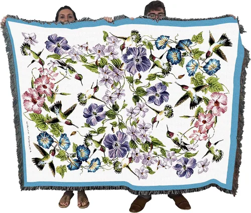 Pure Country Weavers Manta de colibríes por Elena Vladykina – Tapiz de regalo floral de jardín de pájaros, manta tejida de algodón, fabricada en los