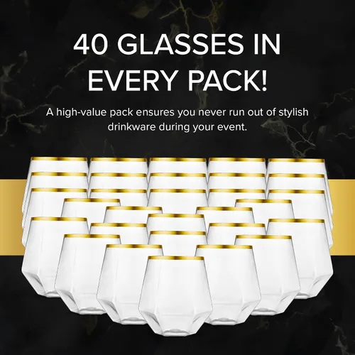 Miniatura 5 de Kitchen Lux Paquete de 40 copas de vino de plástico con diamantes desechables, copas de oro, copas de vino, copas de cóctel, vasos de plástico