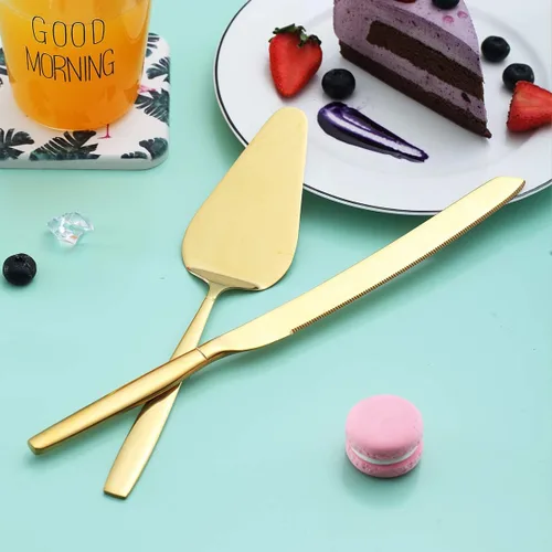 Miniatura 5 de Berglander Servidores de pastelería de pastel de oro, juego de servir de acero inoxidable, juego de cuchillos para pasteles y servidores, perfecto