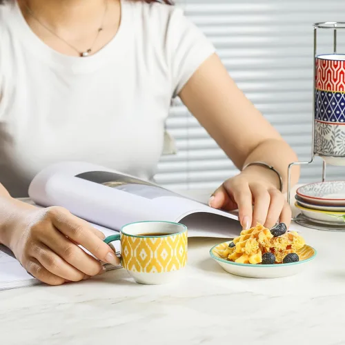 Miniatura 2 de Selamica Tazas de café expreso de cerámica con platillos y soporte de metal, tazas demitasse apilables de 2.5 onzas para café expreso, latte, café
