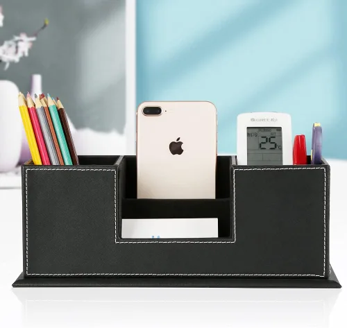 Miniatura 7 de KINGFOM Organizador de escritorio para suministros de oficina, caja de almacenamiento de piel sintética, 4 compartimentos divididos para bolígrafos