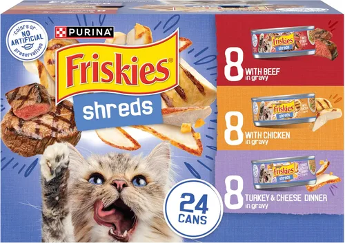 Purina Friskies - Paquete variado de comida húmeda para gatos con salsa, trocitos con carne de res, con pollo, y cena de pavo con queso - (Paquete