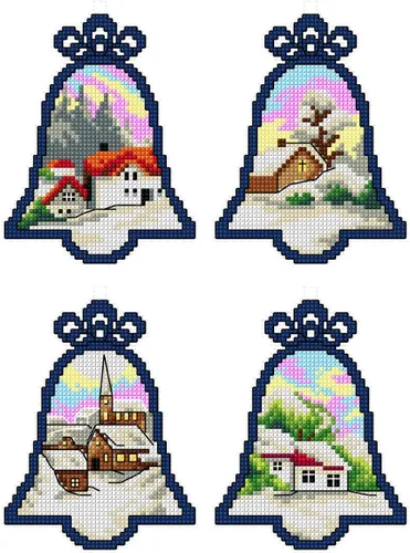 Kit de punto de cruz en lienzo de plástico con campanas de Navidad. 4 fascinantes adornos de diferentes dimensiones. 14 hojas de lona de plástico de