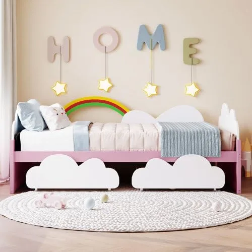Miniatura 3 de Cama de tamaño individual con nubes – Base de cama artística con elementos del cielo y toque verde – Perfecto para niñas – Cama divertida e