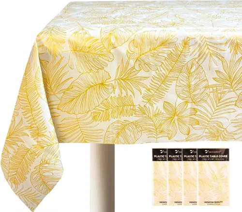 Miniatura 7 de Mantel desechable de 4 piezas con hojas doradas, manteles rectangulares de plástico elegantes de alta calidad para cumpleaños, jubilación, ducha