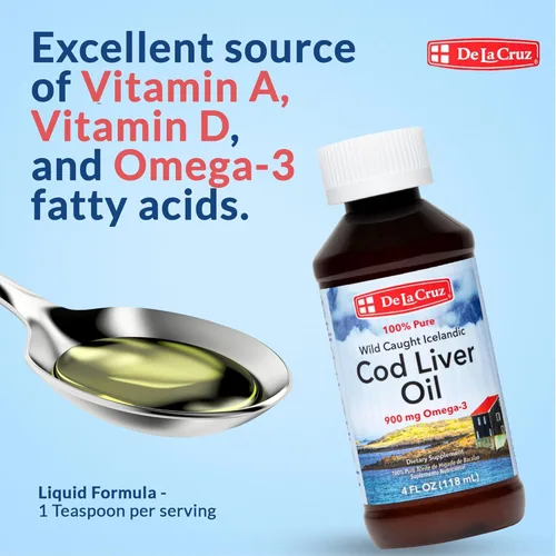 Miniatura 3 de De La Cruz Aceite de hígado de bacalao líquido puro de pescado islandés capturado en la naturaleza, rico en vitamina D y aceite de pescado Omega 3