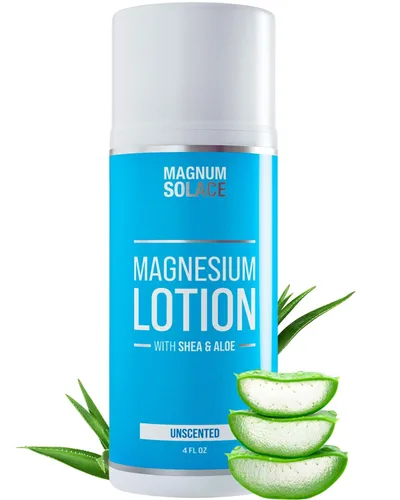Miniatura 9 de Magnum Solace Loción de magnesio, súper concentrada, fabricada con aloe y karité, para calambres en las piernas, dolores musculares