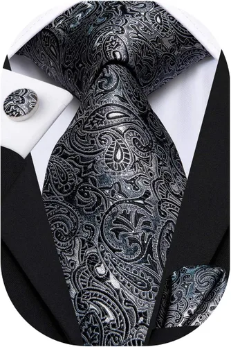 Hi-Tie Corbatas de seda para hombre, diseño de cachemira a rayas, con bolsillo, gemelos cuadrados, conjunto formal de negocios