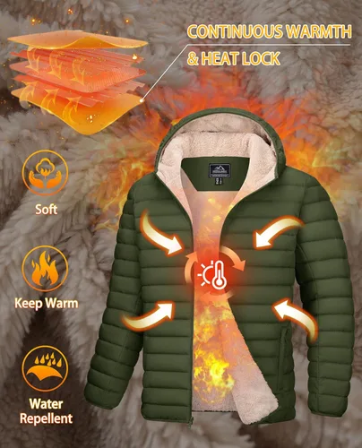 Miniatura 2 de MAGCOMSEN Chaqueta acolchada para hombre con capucha, forro de vellón, chaqueta térmica resistente al agua, chaqueta de plumón con cremallera